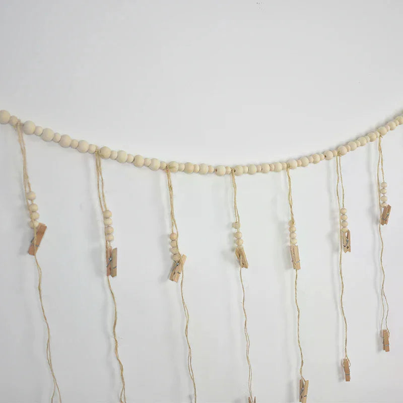 Boho Macrame Photo Display Wall Hanging – Wooden Bead Tapestry