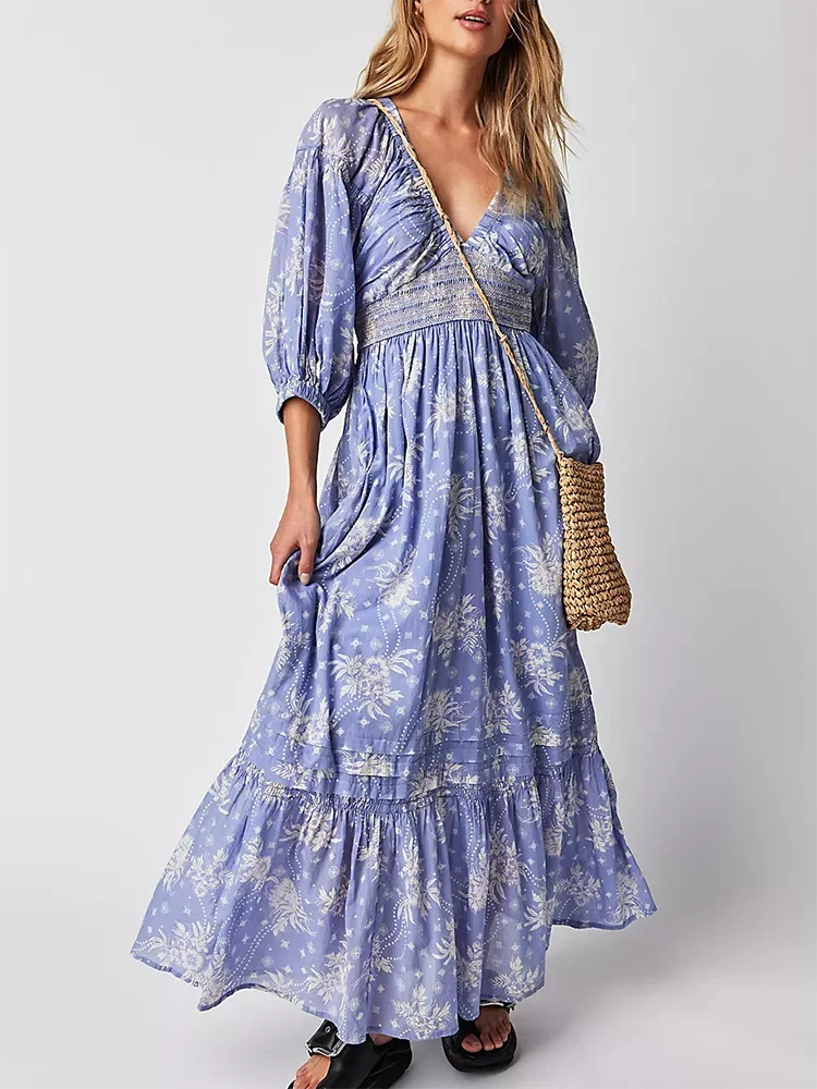 Floral Boho Midi Dress | V-Neck Puff Sleeve Hollow-Out