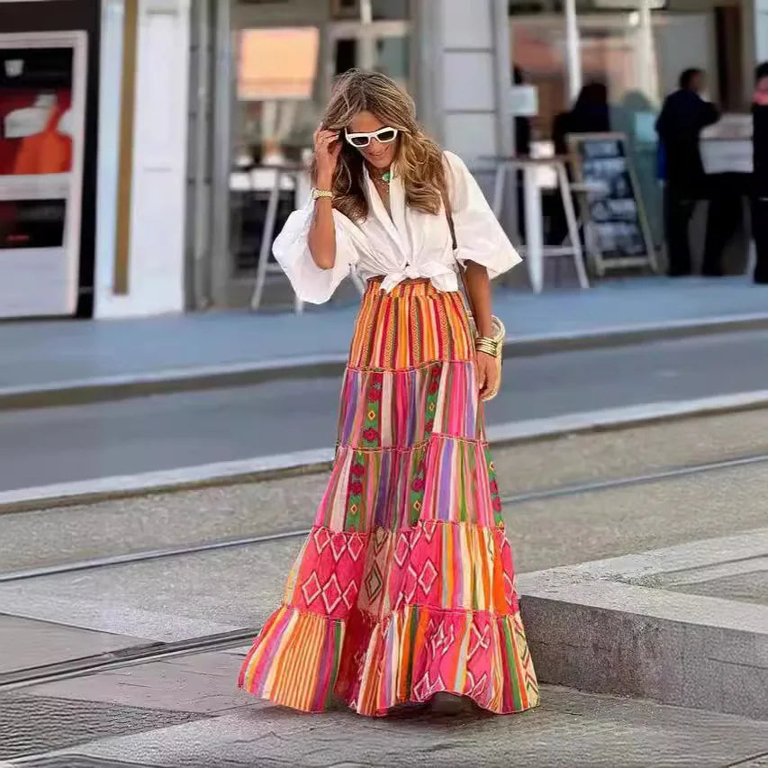 Casual Boho Print Skirt Elegant Elastic Waist A-line Ruffle Big Hem Skirt Beach Vacation Women's Clothing Loose Long Skirt