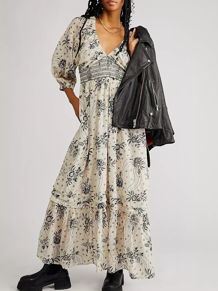 Floral Boho Midi Dress | V-Neck Puff Sleeve Hollow-Out