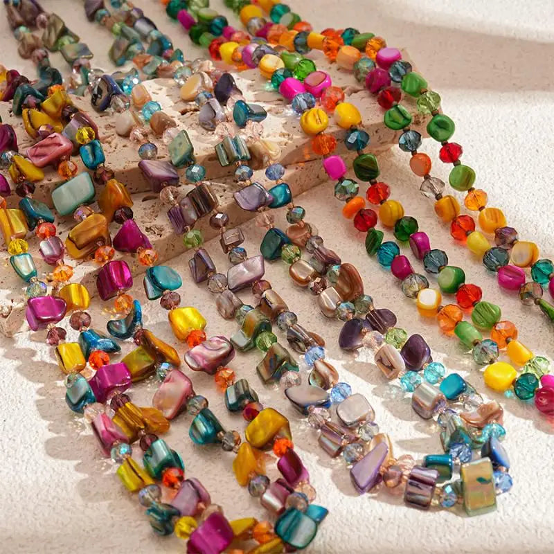 Boho Double-Layer Shell & Irregular Bead Long Necklace – Vintage Summer Jewelry