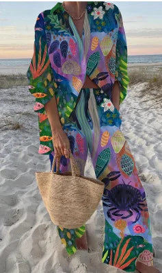 Boho Print Shirt & Pants Set | Loose Long Sleeve Button-Up Co-ord