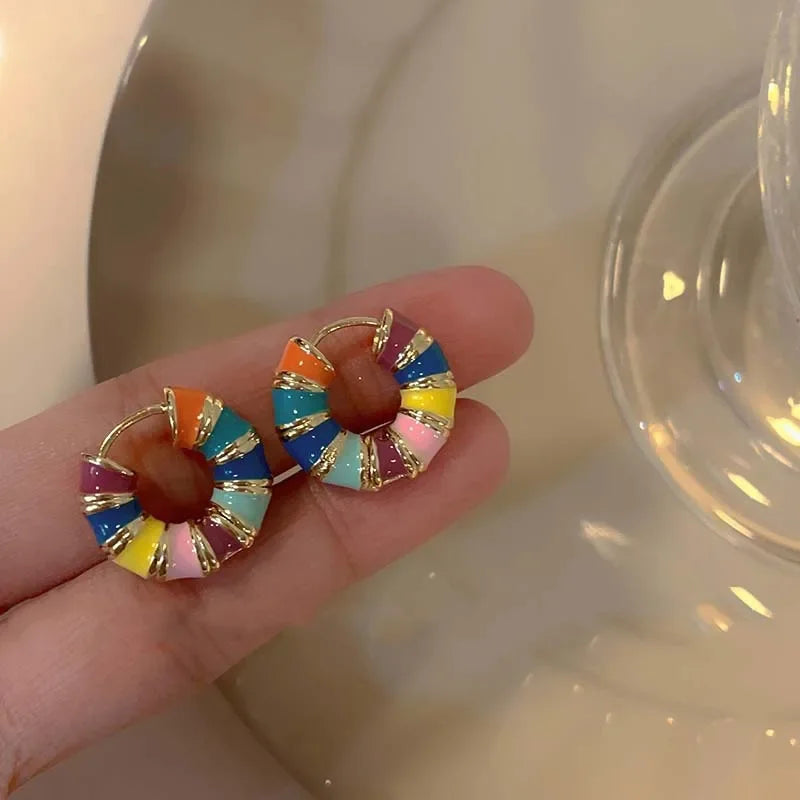 Boho Colorful Enamel Rainbow Hoop Earrings – Gold-Tone Charm Earrings for Women