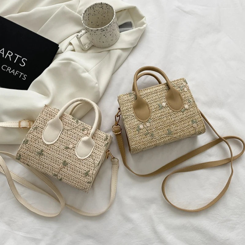 Boho Floral Embroidery Woven Handbag | Convertible Top Handle & Crossbody Bag