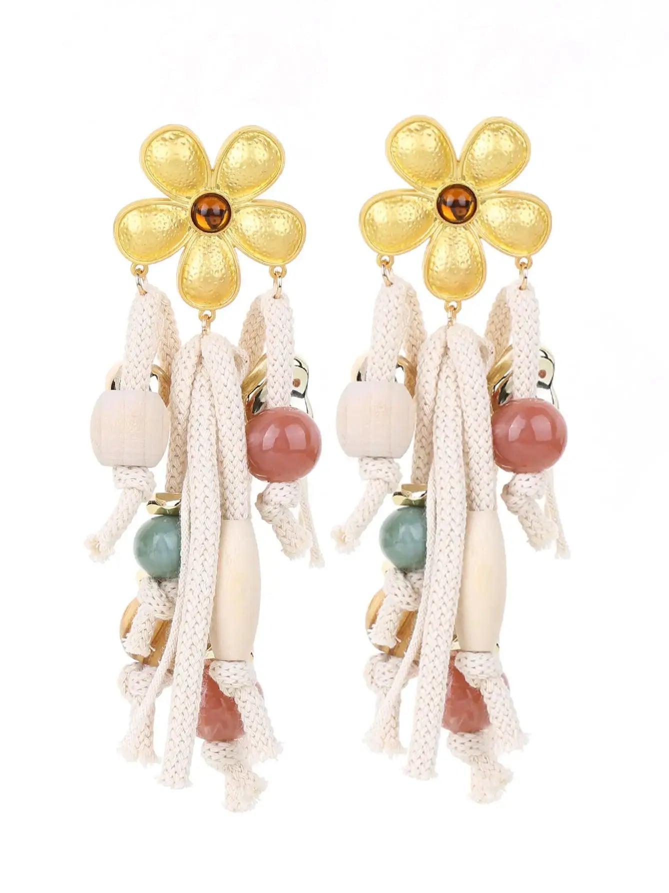 Boho Flower & Rope Dangle Earrings – Handmade Statement Jewelry
