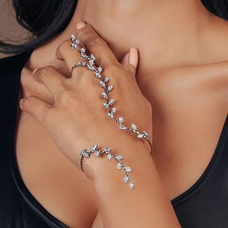 Boho Leaf Cubic Zirconia Hand Palm Bracelet – Bridal Wedding Bangle