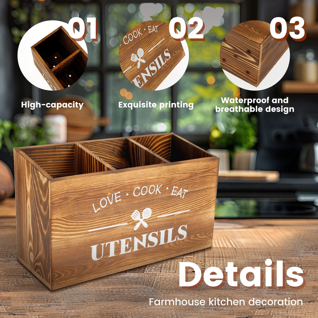 Wood Kitchen Utensil Holder | 3-Compartment Farmhouse Caddy Organizer
