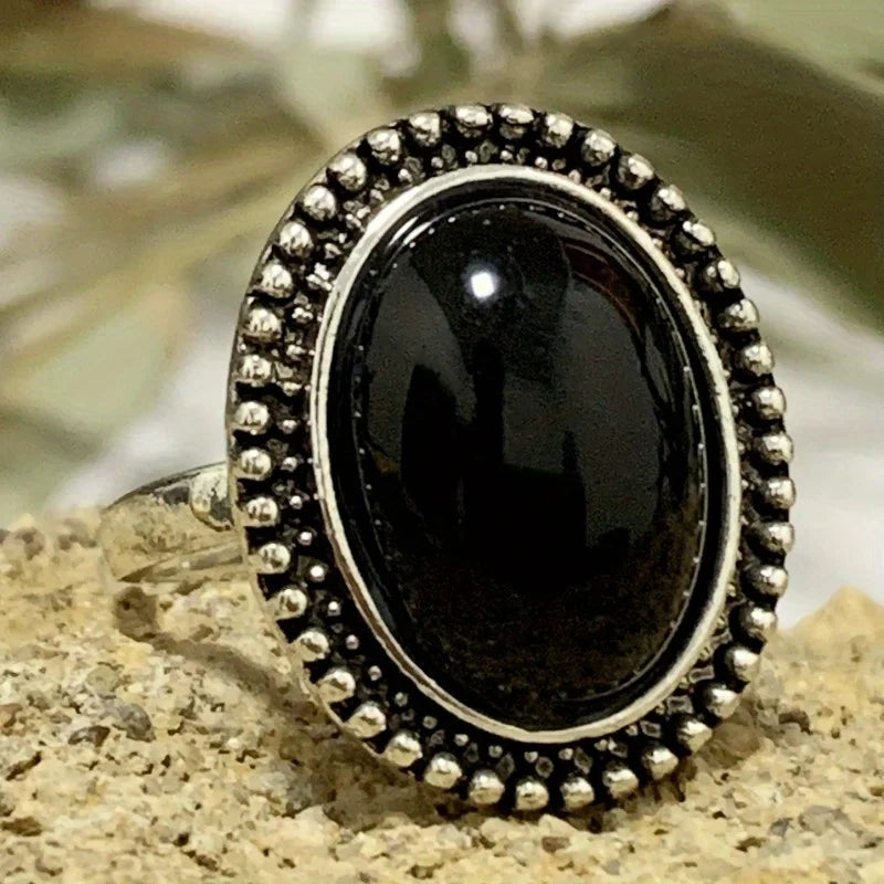 Boho Black Chalcedony Agate Cocktail Ring – Bold Round Stone Statement Ring