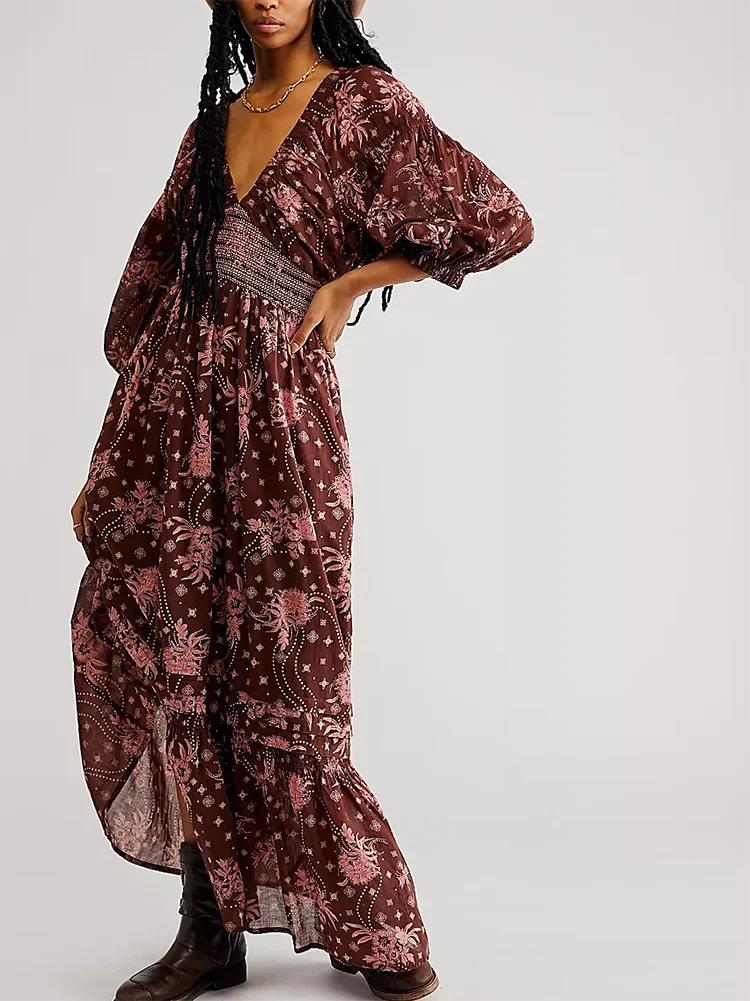 Floral Boho Midi Dress | V-Neck Puff Sleeve Hollow-Out