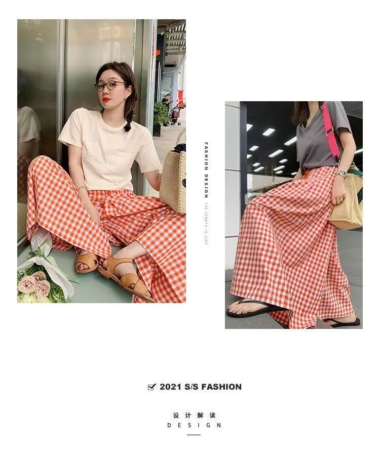 Plaid Wide Leg Pants Women Baggy Korean Style Panelled Temper Trousers Streetwear Pantalones Clothes Summer A-line Teens College