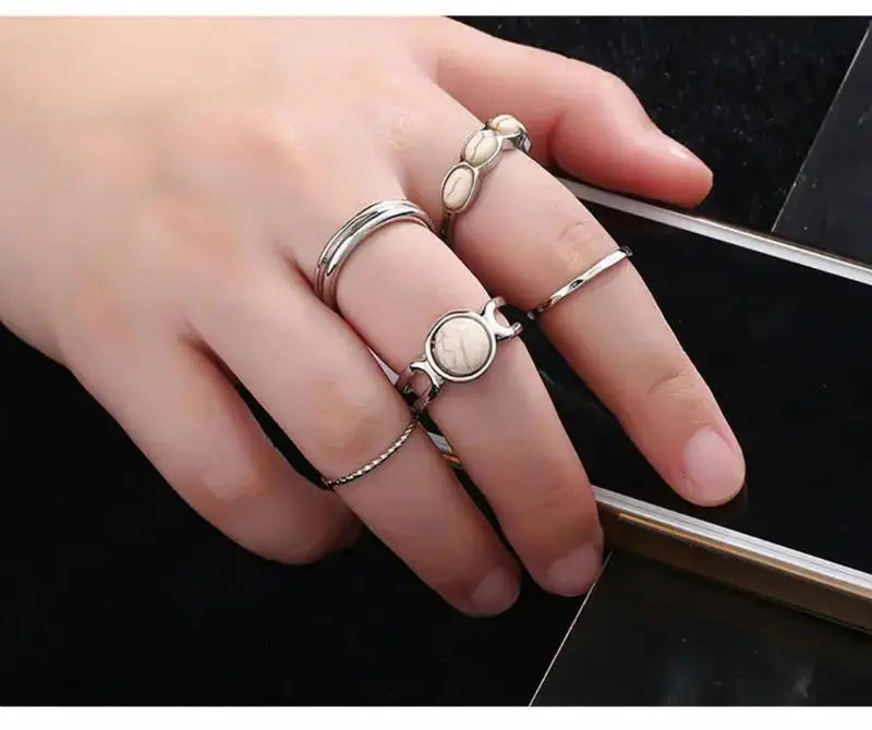 Boho 6-Piece Geometric Stone Resin Ring Set – Minimalist Retro Stackable Rings
