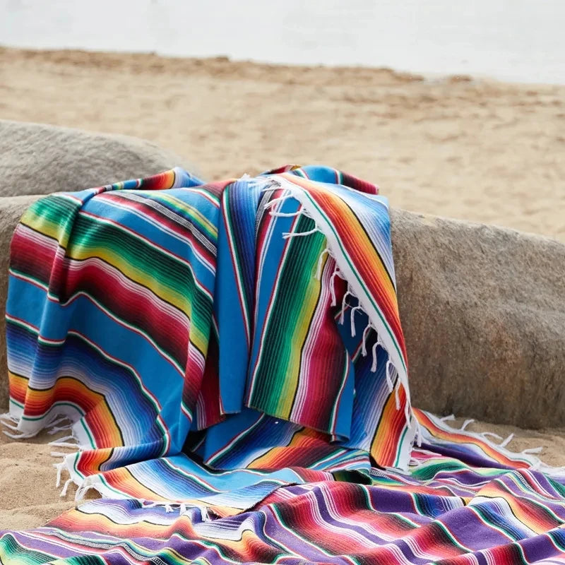Boho Ethnic Tassel Throw Blanket | Striped Cotton-Blend Beach & Picnic Blanket