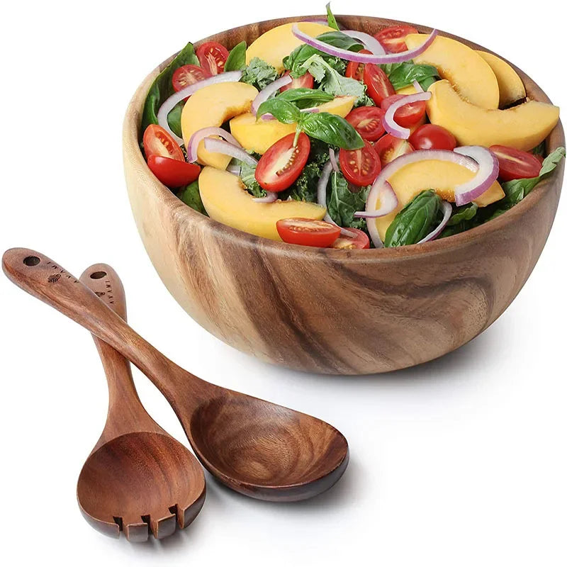 Solid Acacia Wood Bowl | Hand-Crafted Japanese-Style Wooden Salad & Serving Bowl