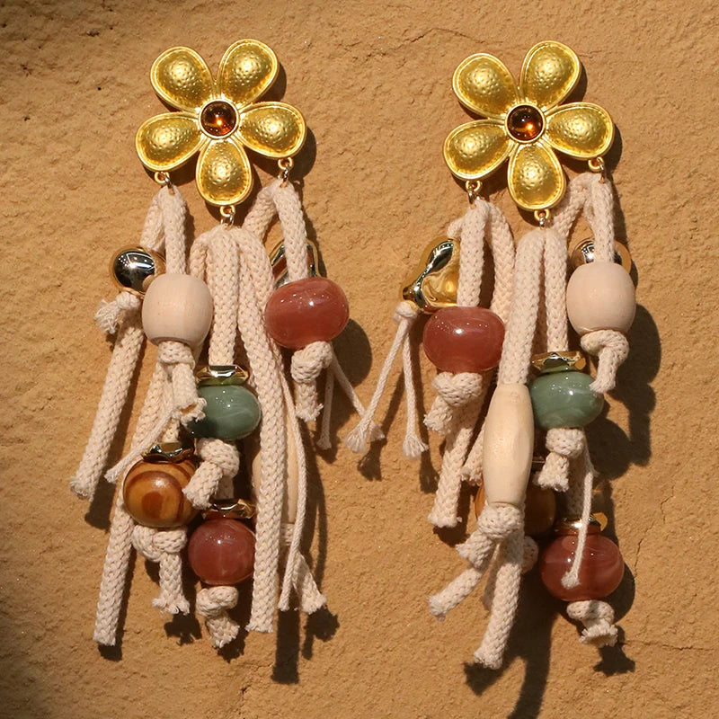 Boho Flower & Rope Dangle Earrings – Handmade Statement Jewelry