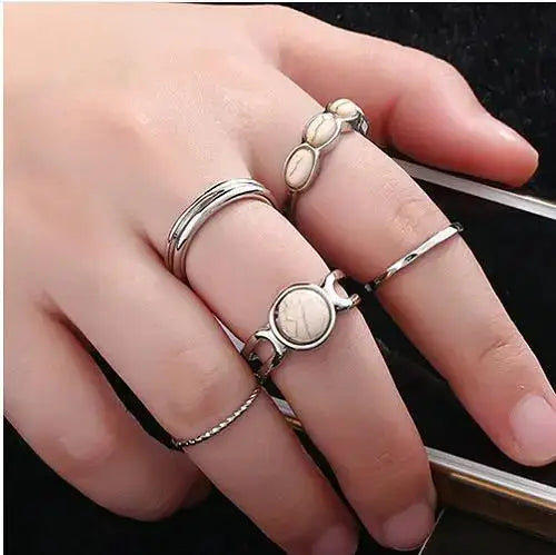 Boho 6-Piece Geometric Stone Resin Ring Set – Minimalist Retro Stackable Rings