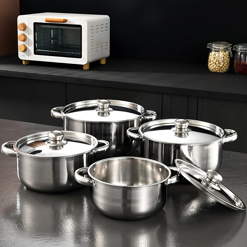 4pcs Stainless Steel Cookware Set with Heat Conduction Simmering Feature - Perfect for Soup, Noodles & More | Essential Kitchen