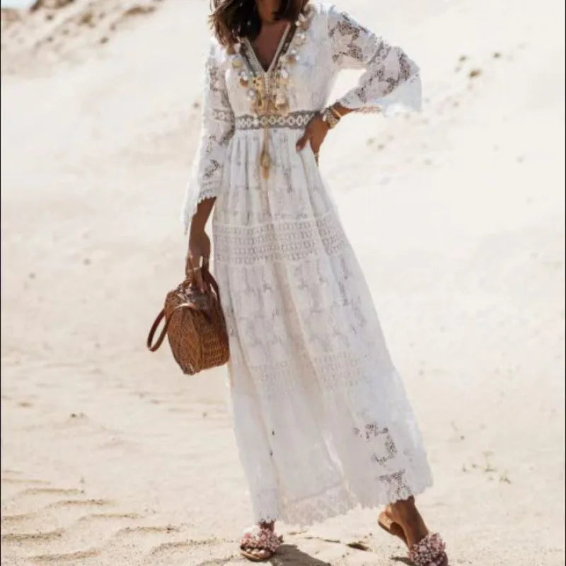 Lace Hollow-Out Boho Maxi Dress | Flare Sleeve Tassel Trim