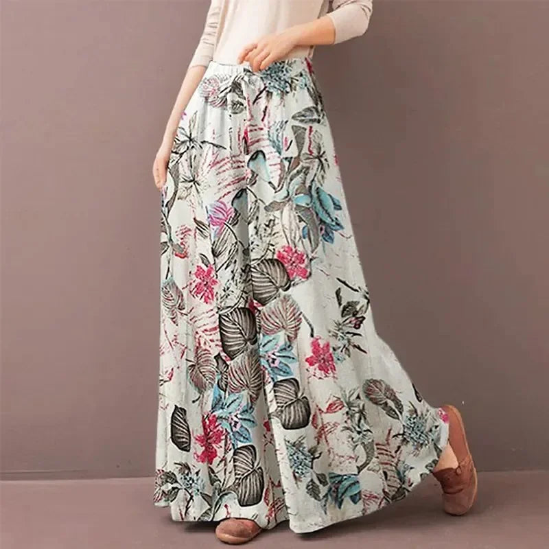 Boho Floral Wide Leg Pants Women Casual High Waist Drawstring Loose Palazzo Trousers Summer Beach Rayon Flowy Bottoms with Pocke