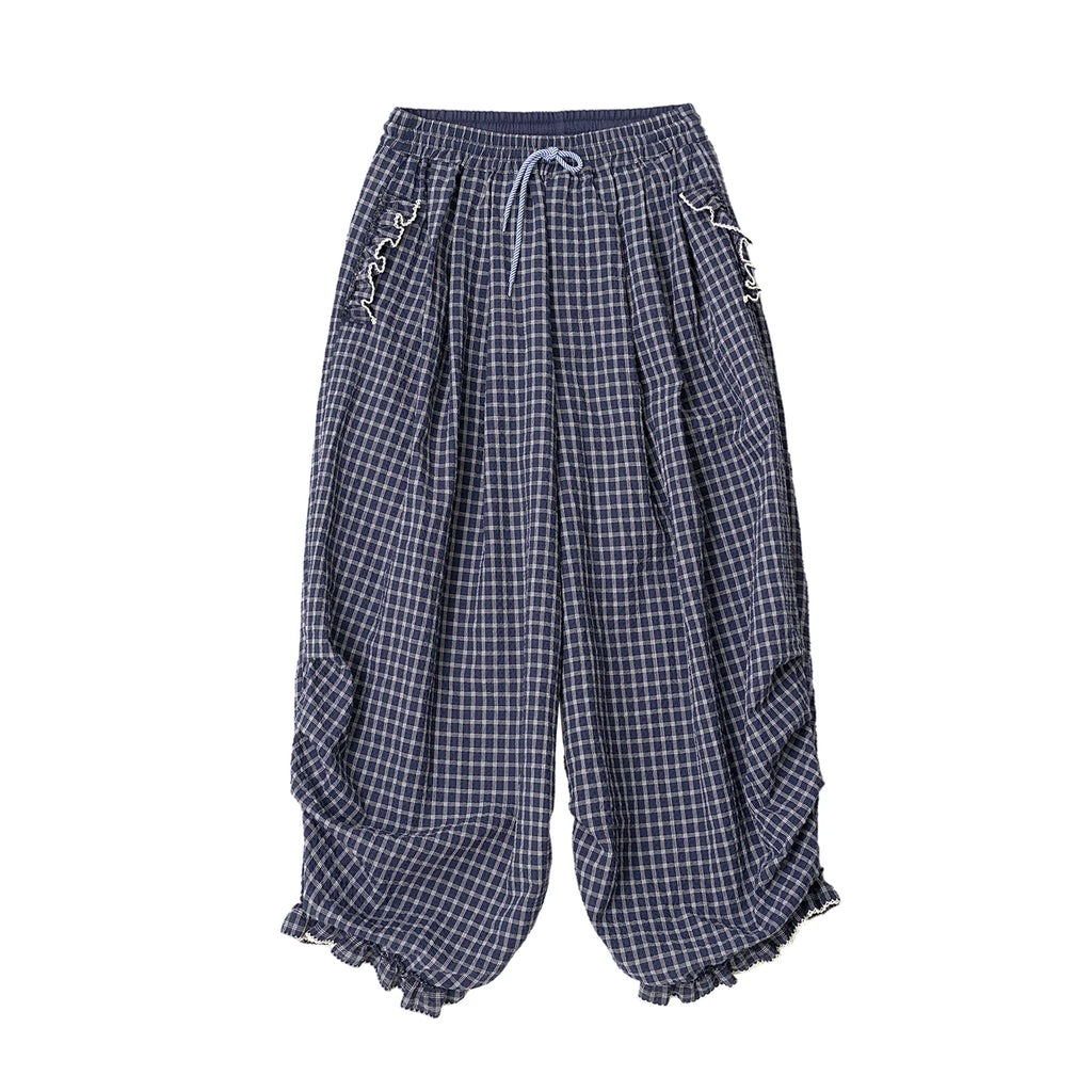 Women's Blue Plaid Wide Leg Pants – Casual Elastic Waist Trousers