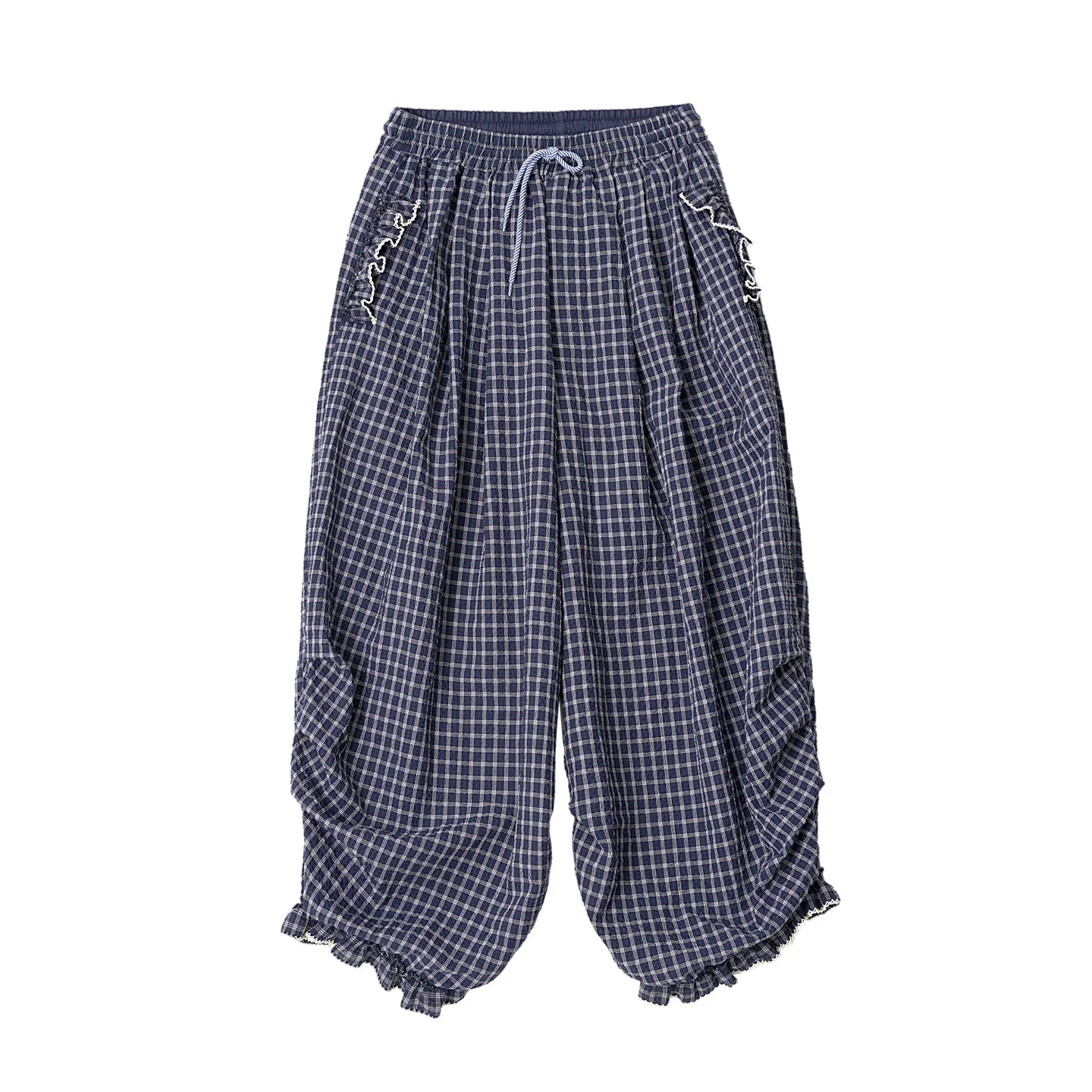 Women's Blue Plaid Wide Leg Pants – Casual Elastic Waist Trousers