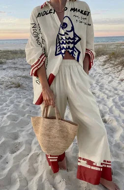 Boho Print Shirt & Pants Set | Loose Long Sleeve Button-Up Co-ord
