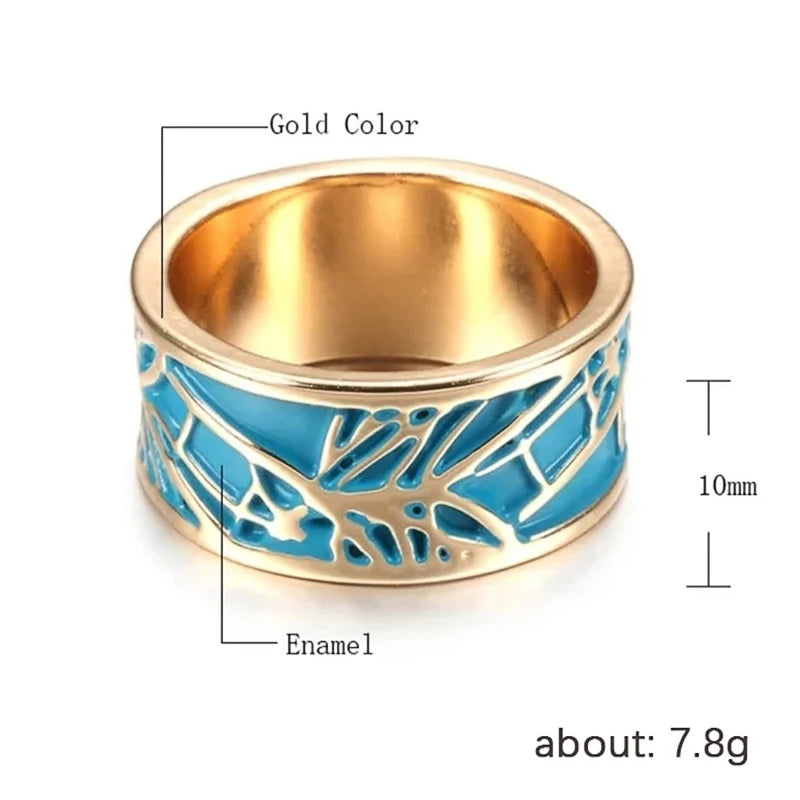 Boho Blue Enamel Plant Tree Pattern Ring – Creative Nature-Inspired Statement Ring