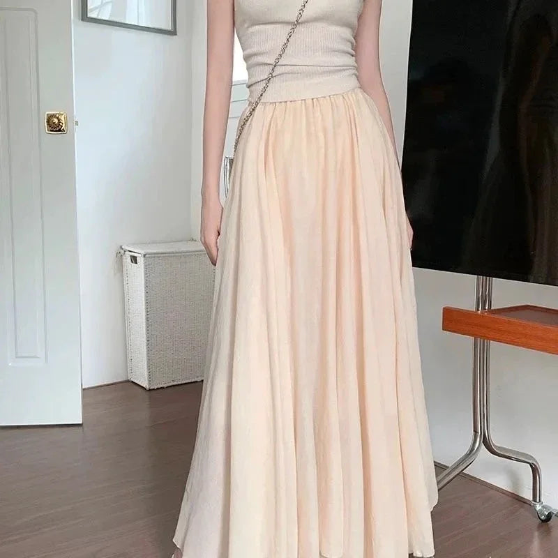 Boho Cotton Linen Maxi Skirt | Elastic Waist Pleated Floor-Length Skirt