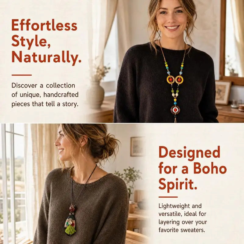 Boho Wooden Beaded Long Pendant Sweater Chain Necklace – Handmade Ethnic Style