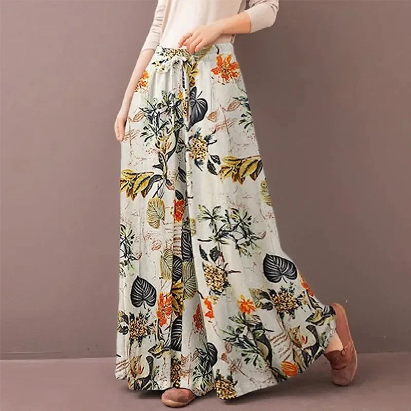 Boho Floral Wide Leg Pants Women Casual High Waist Drawstring Loose Palazzo Trousers Summer Beach Rayon Flowy Bottoms with Pocke