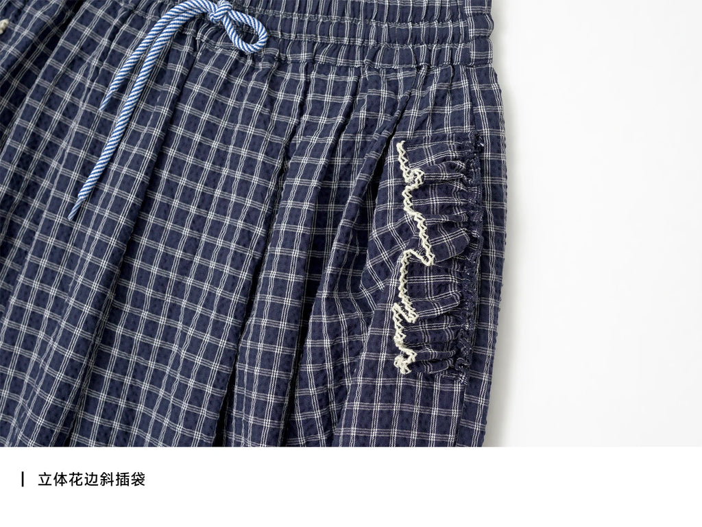 Women's Blue Plaid Wide Leg Pants – Casual Elastic Waist Trousers