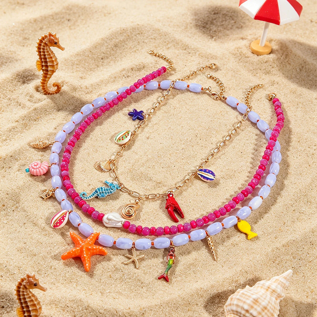 Boho Multilayer Ocean Charm Beaded Statement Necklace – Colorful Sea Animal Design