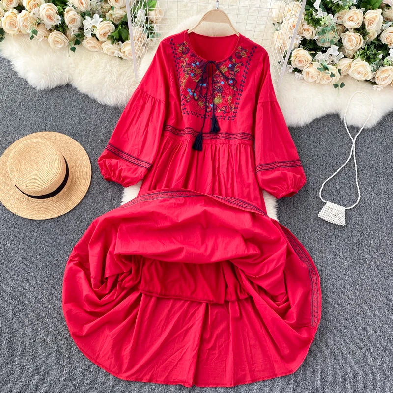 Embroidered Lantern Sleeve Boho Midi Dress | Lace-Up A-Line