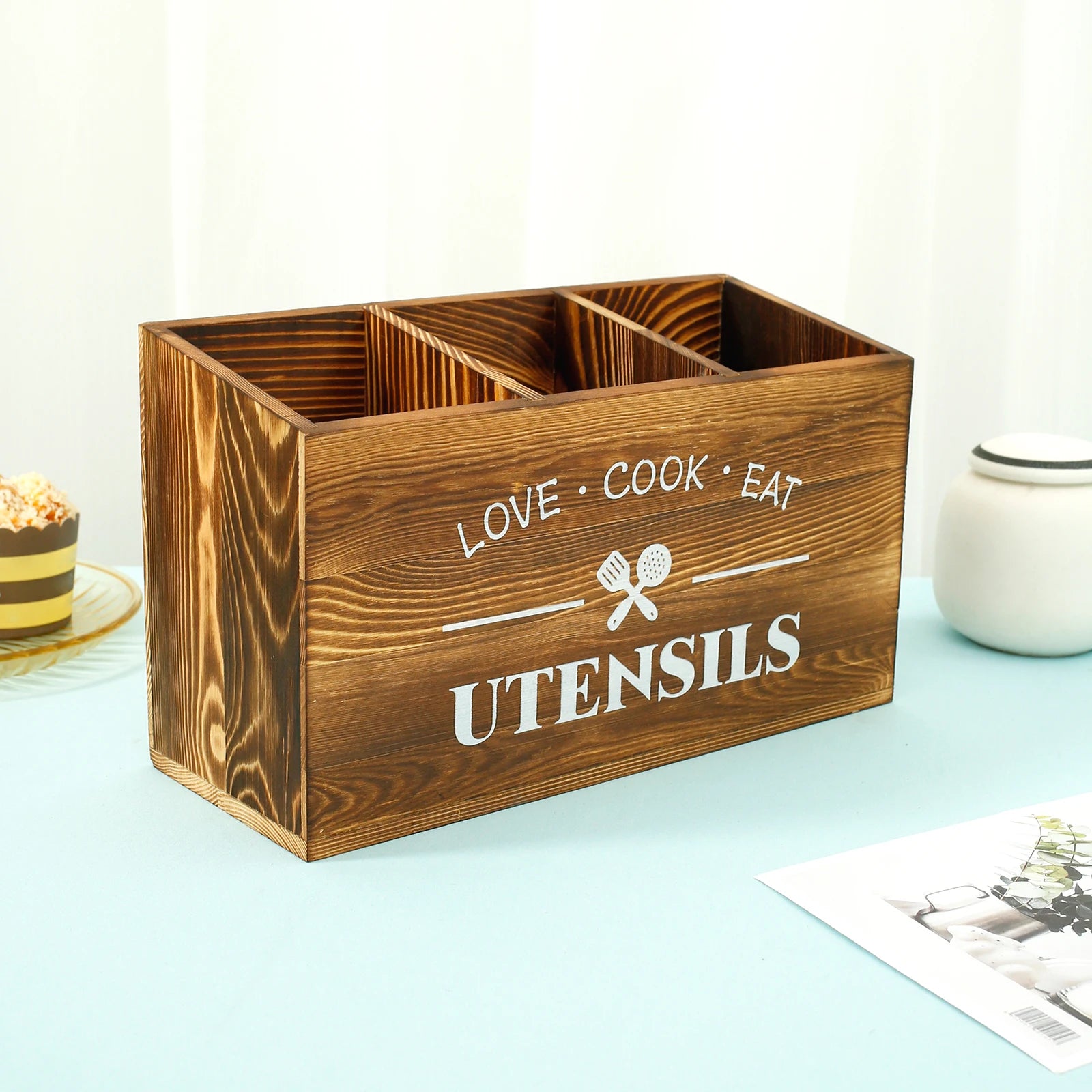 Wood Kitchen Utensil Holder | 3-Compartment Farmhouse Caddy Organizer