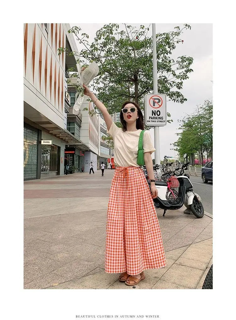 Plaid Wide Leg Pants Women Baggy Korean Style Panelled Temper Trousers Streetwear Pantalones Clothes Summer A-line Teens College