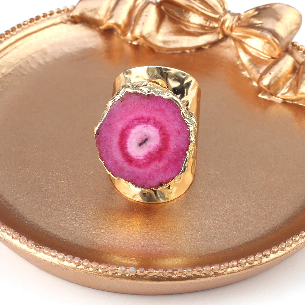 Boho Natural Agate Stone Sunflower Wide Open Ring – Gold Plated Adjustable in 6 Colors