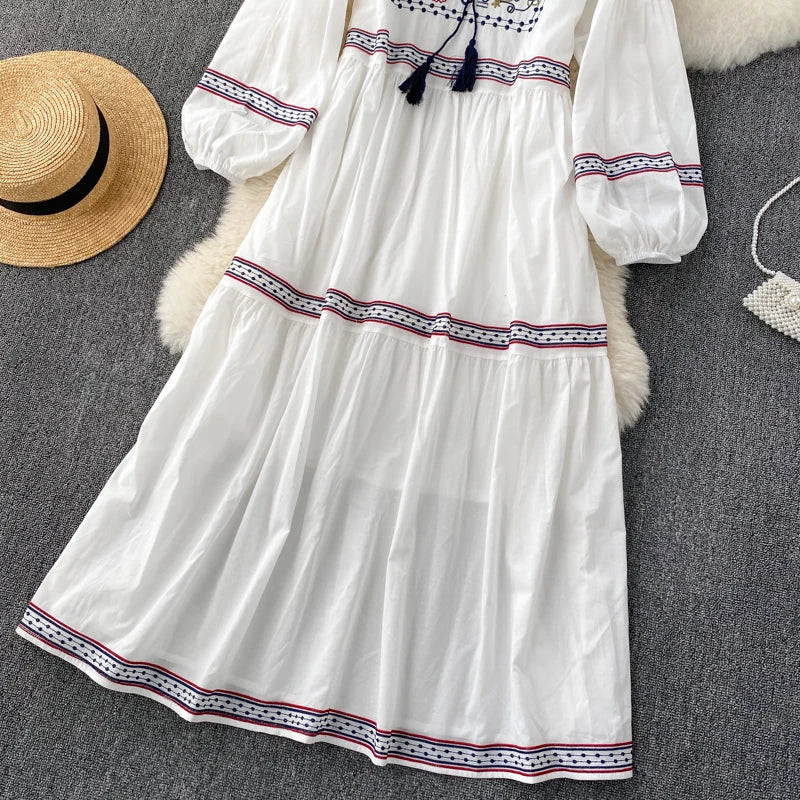 Embroidered Lantern Sleeve Boho Midi Dress | Lace-Up A-Line