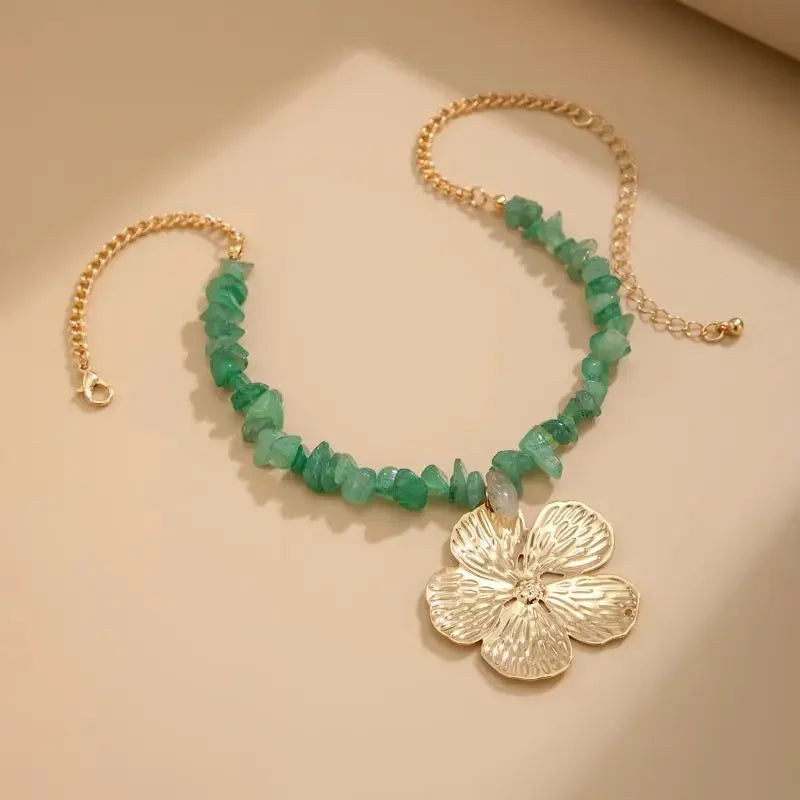 Boho Irregular Natural Stone & Metal Flower Clavicle Chain Necklace