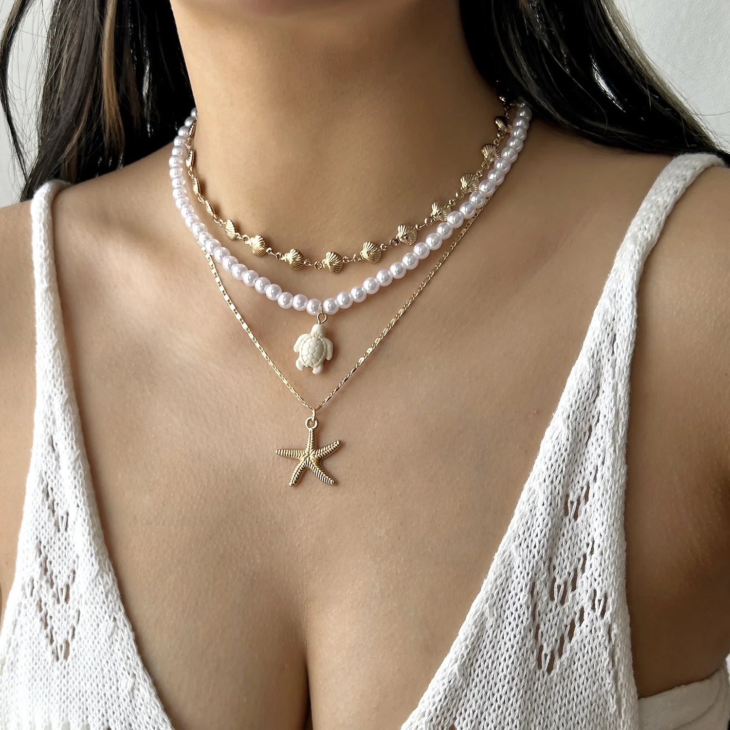 Boho Beach Y-Drop Chain Necklace – Sea Turtle, Dolphin, Starfish & Shell Pendants
