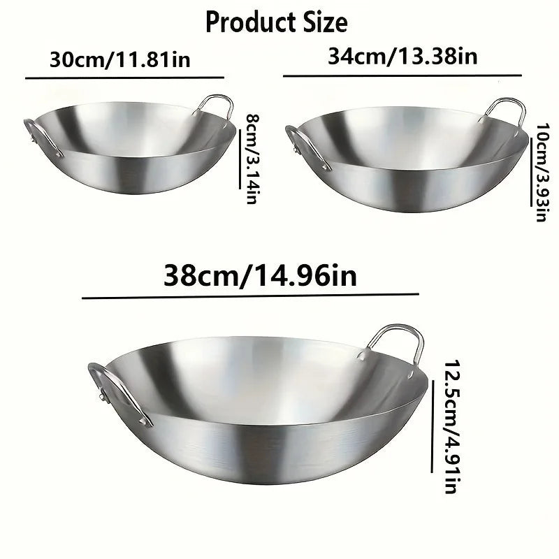 Stainless Steel Dual Handle Wok | Uncoated Thick Chef's Pan with Lid