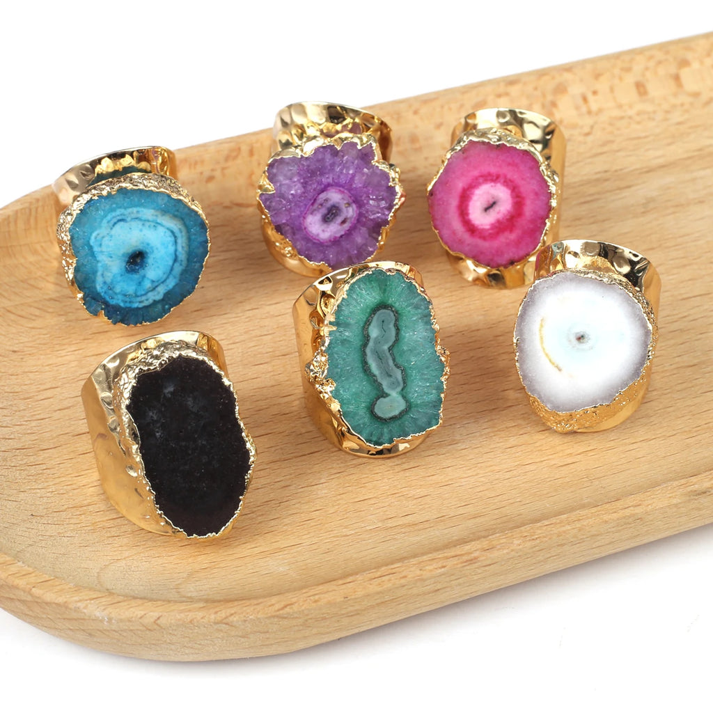 Boho Natural Agate Stone Sunflower Wide Open Ring – Gold Plated Adjustable in 6 Colors