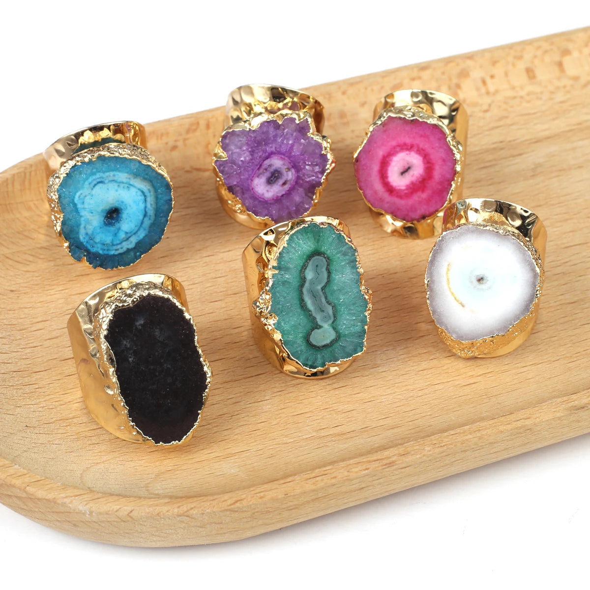 Boho Natural Agate Stone Sunflower Wide Open Ring – Gold Plated Adjustable in 6 Colors