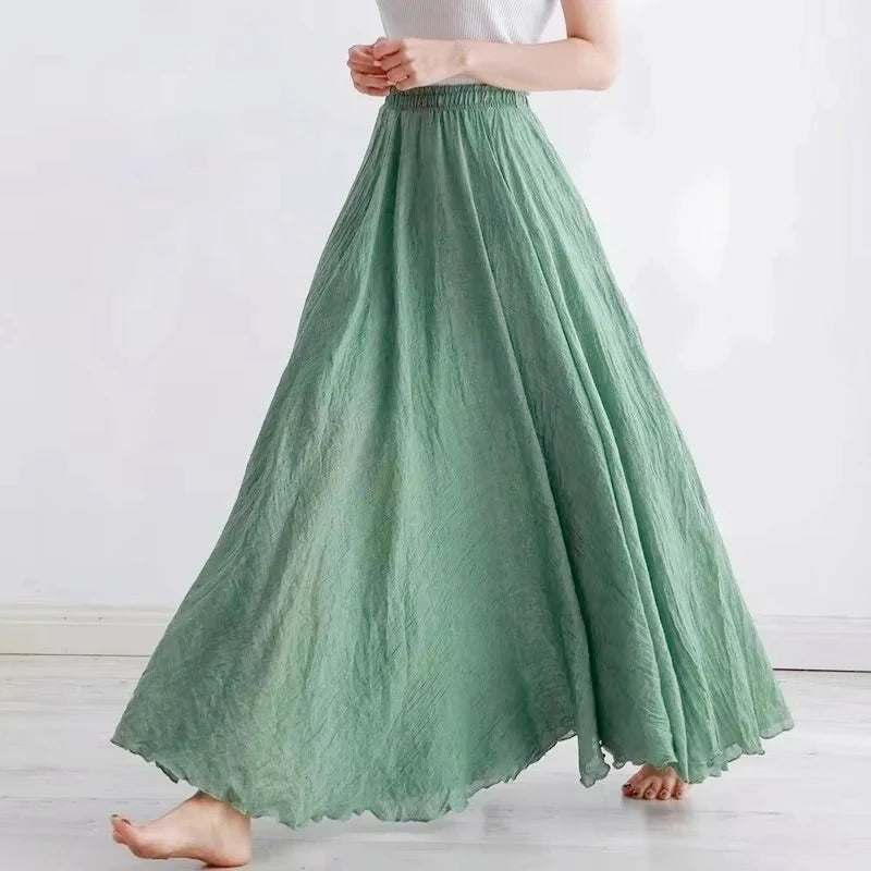 Boho Cotton Linen Maxi Skirt | Elastic Waist Pleated Floor-Length Skirt