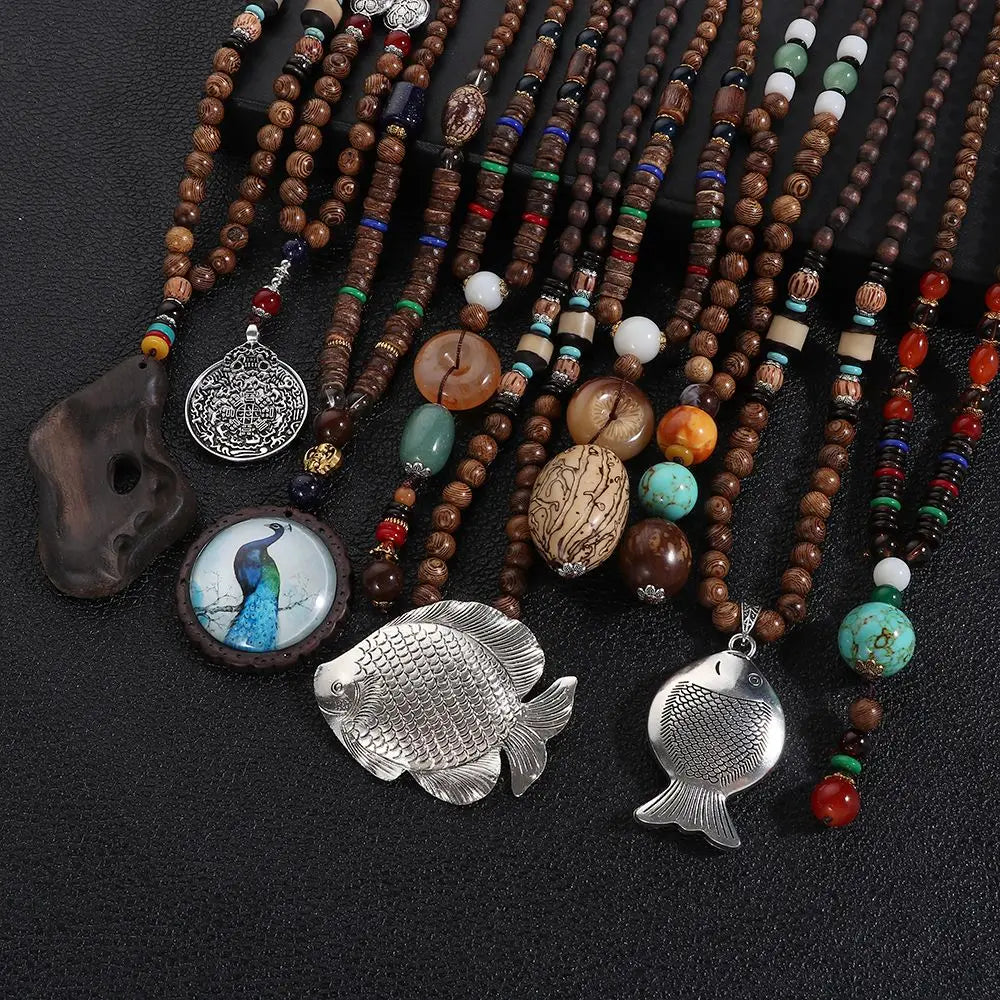 Boho Handmade Nepal Buddhist Mala Wood Bead Long Pendant Necklace – Unisex Ethnic Jewelry