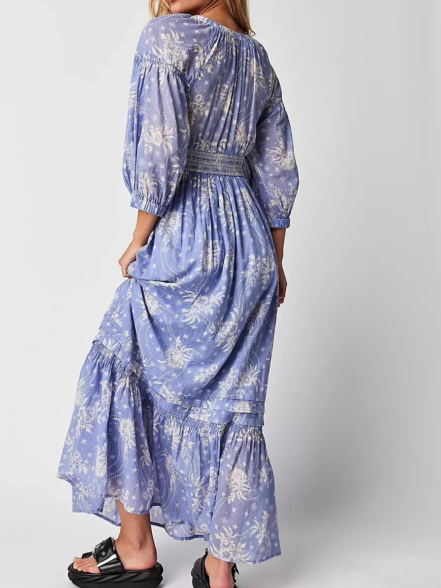 Floral Boho Midi Dress | V-Neck Puff Sleeve Hollow-Out