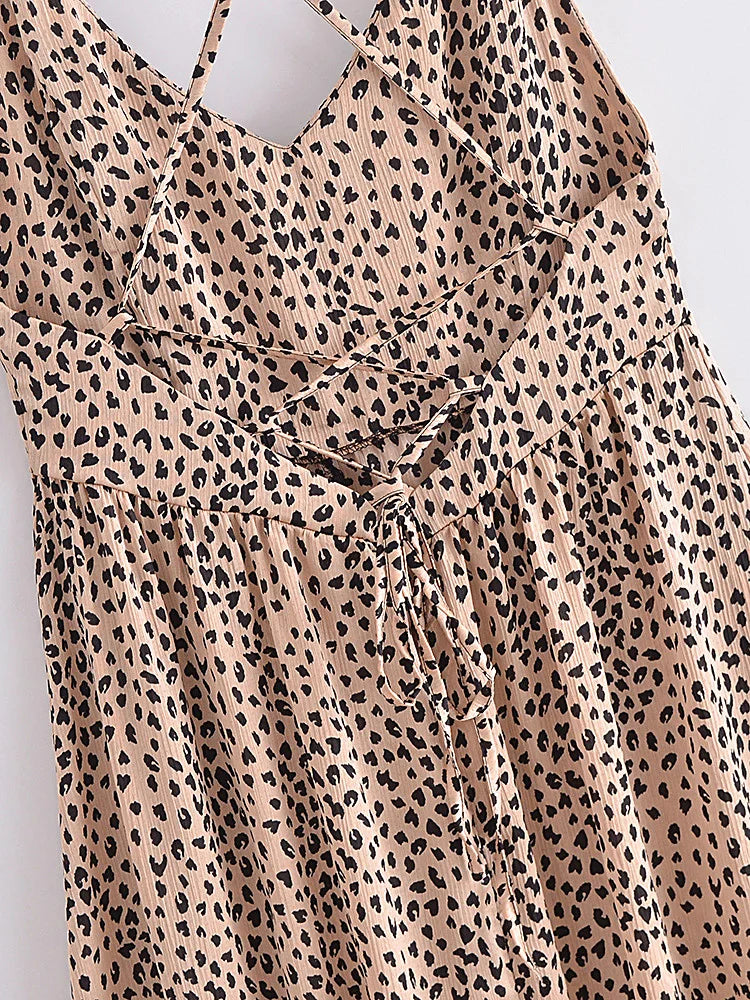 Leopard Print Boho Maxi Dress | Backless Spaghetti Strap