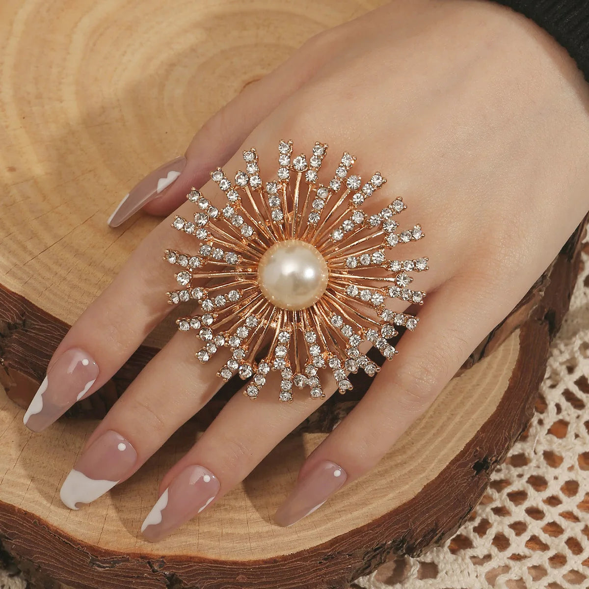 Boho Vintage Big Flower Ring – Micro Zircon Inlay Gold-Tone Statement Ring