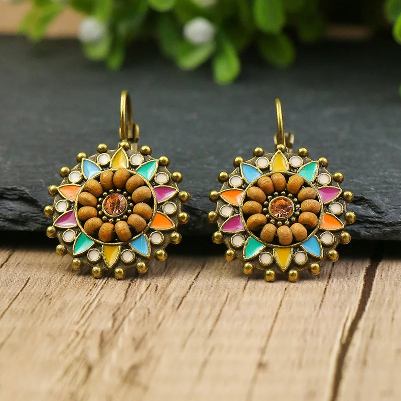 Boho Vintage Flower & Wood Beaded Drop Earrings