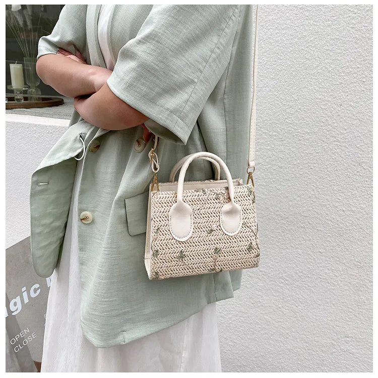 Boho Floral Embroidery Woven Handbag | Convertible Top Handle & Crossbody Bag