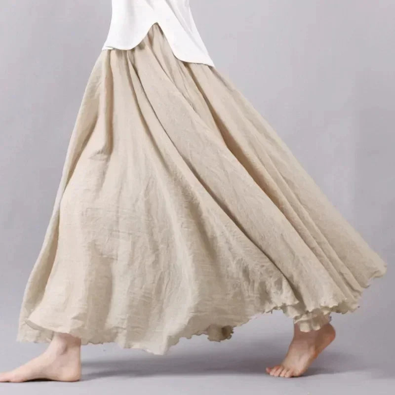 Boho Cotton Linen Maxi Skirt | Elastic Waist Pleated Floor-Length Skirt