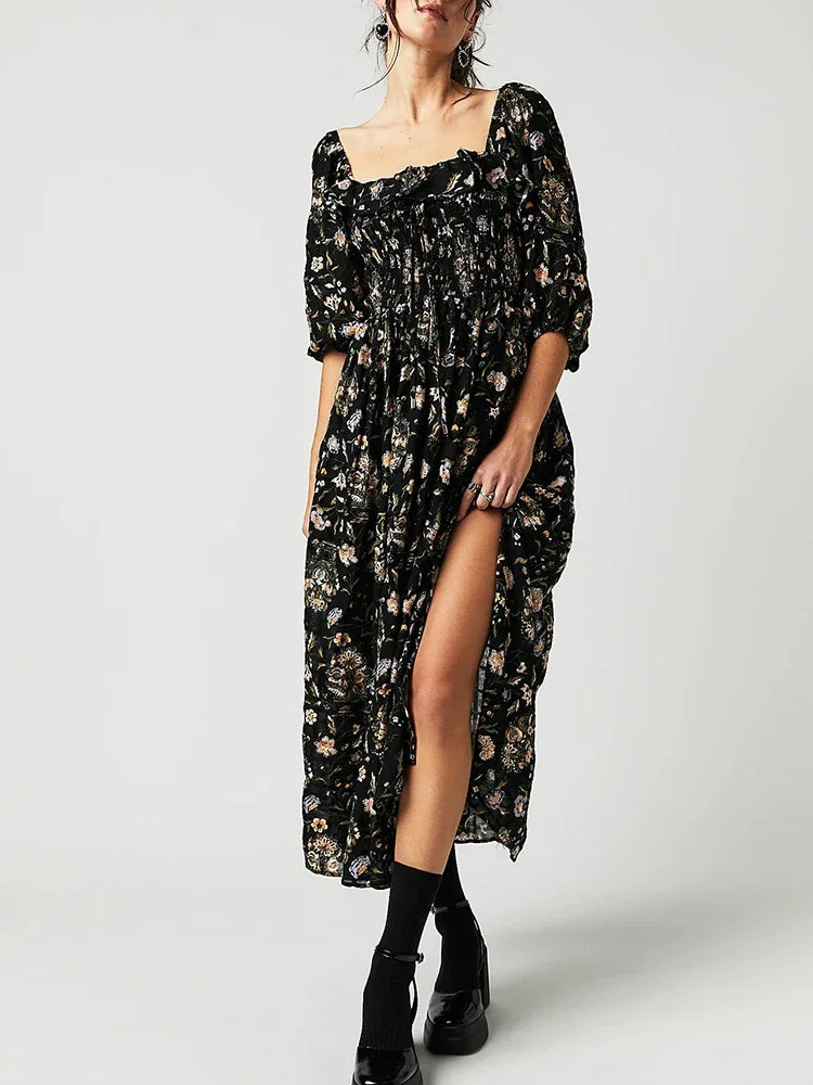 Backless Boho Maxi Dress | Puff Sleeve Empire Waist A-Line